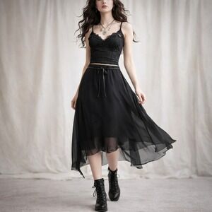 Sheer Black Chiffon Mici Skirt Asymmetrical Hem Y2K  Whimsigoth Fairycore L NWT